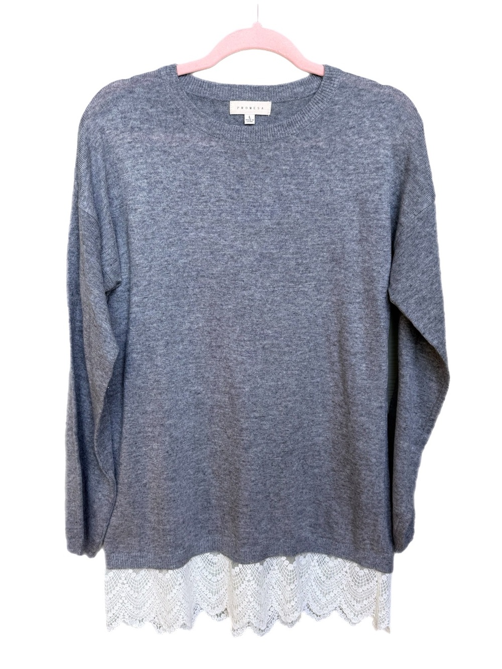 PROMESA Gray Knit Lace Hem Sweater L – Soft Acrylic Blend Cozy Feminine Top